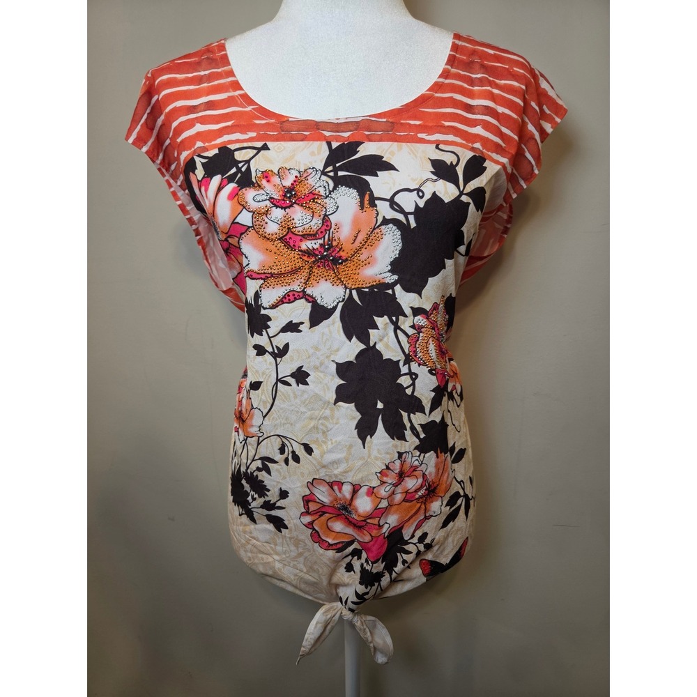 Women's Floral Rhinestone Embellished Tie Front Top Y2K Boho Mixed Print Large